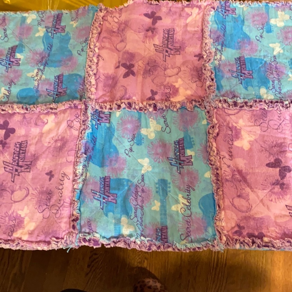 Hannah Montana themed purple & turquoise homemade quilt 31.5” x 48”